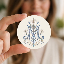 Blaue Marianische Monogramm-Katholische Lilien Runder Aufkleber