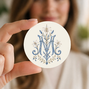 Blaue Marianische Monogramm-Katholische Lilien Runder Aufkleber