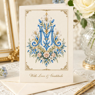 Blaue Marienmonogramm-Katholische Blumen Dankeskarte