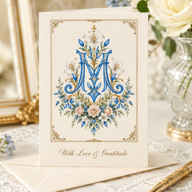 Blaue Marienmonogramm-Katholische Blumen  Dankeskarte (Von Creator hochgeladen)