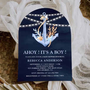 Blaue marine Anker-Bogen-Baby-Party Einladung