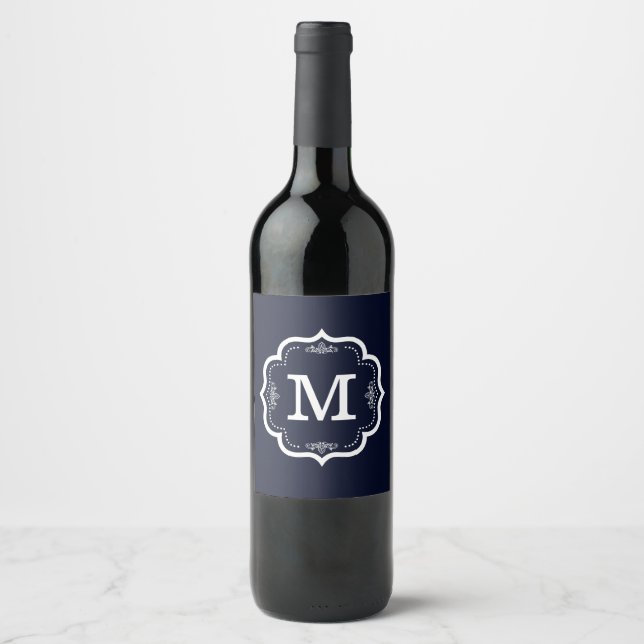 Blaue Marine-Monogramm Weinetikett (Vorderseite)