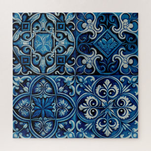Blaue marine Mosaikfliese. Abstrakte Blumengestalt Puzzle