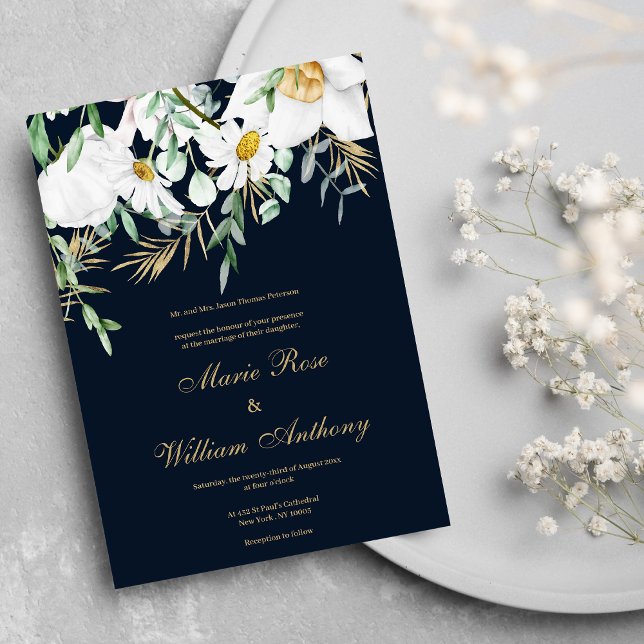 Blaue Marinebolzmücke Einladung (Navy blue mint white gold daisies floral Wedding Invitation )