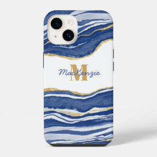 Blaue Marmor-Achat-Gold-Glitzer-Monogramm-Name iPhone 14 Hülle