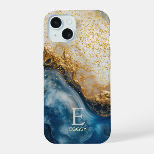 Blaue Marmor-Chic-Gold-Glitter-Monogramm iPhone 15 Hülle