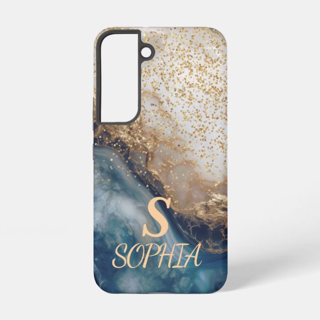 blaue Marmor Chic Gold Glitter Monogramm Samsung Galaxy Hülle (Rückseite)