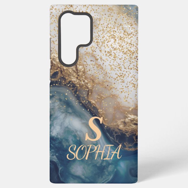 blaue Marmor Chic Gold Glitter Monogramm Samsung Galaxy Hülle (Rückseite)