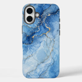 Blaue Marmor-Wasserfarben-Muster mit goldenen Ader iPhone 16 Plus Hülle