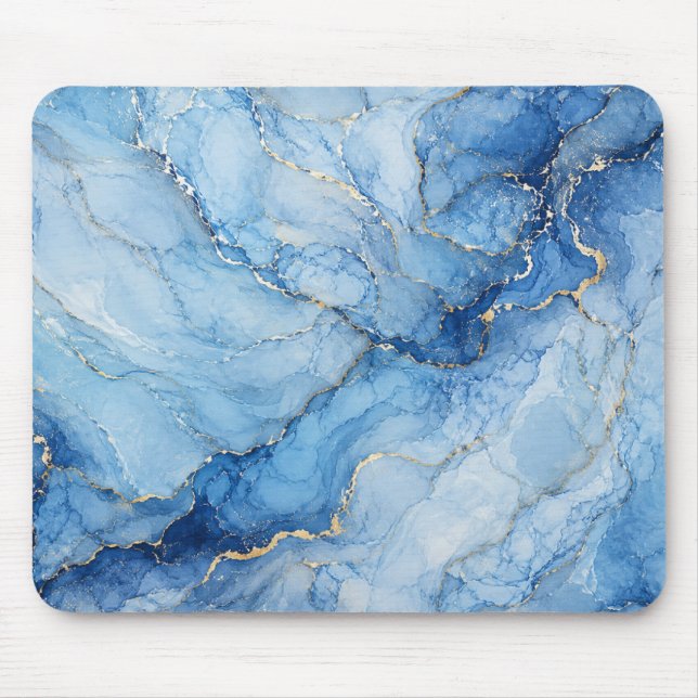 Blaue Marmor-Wasserfarben-Muster mit goldenen Ader Mousepad (Vorne)