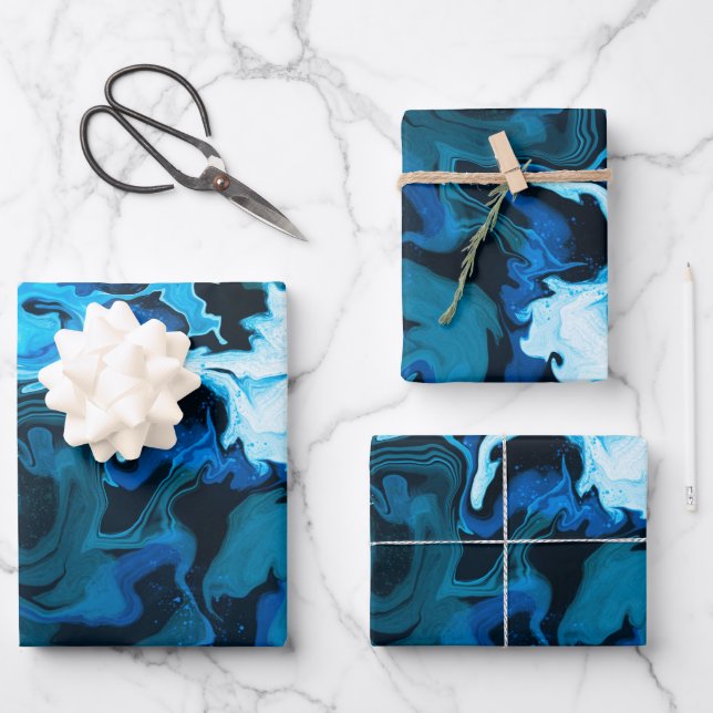 Blaue Marmorbrushstrokes Handgefertigt Geschenkpapier Set (Vorderseite)