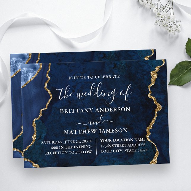 Blaue Marmorhochzeit Einladung (Customize to change text size, text style or to add more text to back of card.)