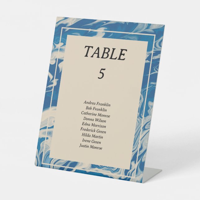 Blaue Marmorplatte Moderne Hochzeitsszene Tischnum Sockelschild (Vorderseite)