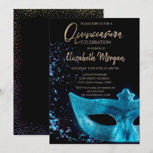 Blaue Maske, Confetti Quinceñera Einladung