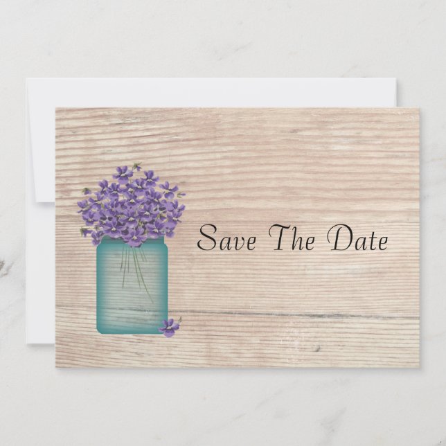 Blaue Mason-Glas Veilchen Save The Date (Vorderseite)