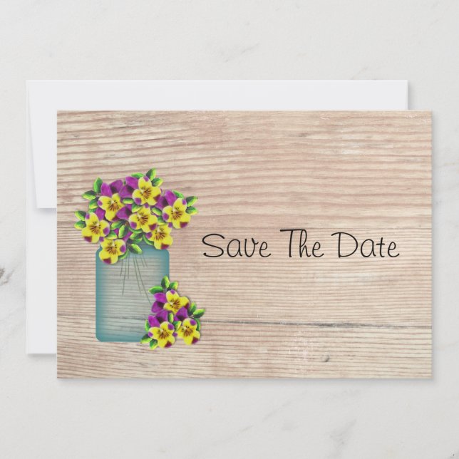 Blaue Mason Jar Stiefmütterchen Save The Date (Vorderseite)