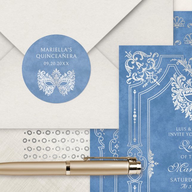 Blaue Masquerade Maske Elegante Runder Aufkleber (Von Creator hochgeladen)