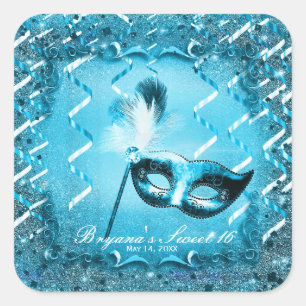 Blaue Masquerade Maske Elegantes Ball Party Quadratischer Aufkleber