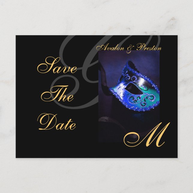 Blaue Masquerade Save the Date Postkarte (Vorderseite)