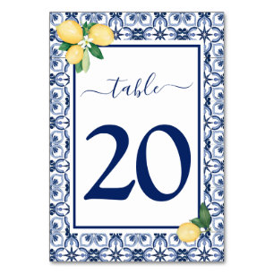 Blaue mediterranische Zitronen-Zitrus-Hochzeit Tischnummer