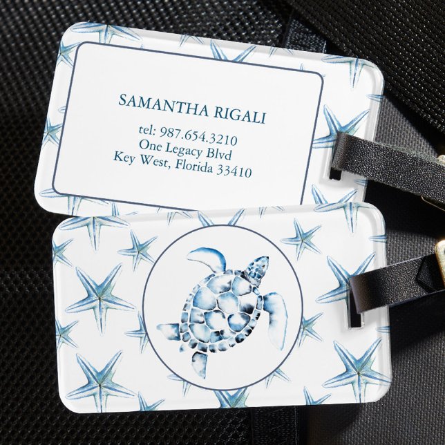 Blaue Meeresschildkröte und Starfish Gepäckanhänger (Sea turtle and starfish luggage tags feature unique watercolor art by Victoria Grigaliunas)