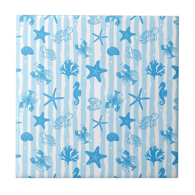 Blaue Meerestiere Nautische Doodle-Muster Fliese (Vorderseite)