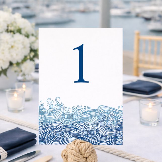 Blaue Meereswellen Hochzeiten Tischnummer (Blue Ocean Waves Wedding Table Number for a Yacht Club Wedding by Concertina Press)