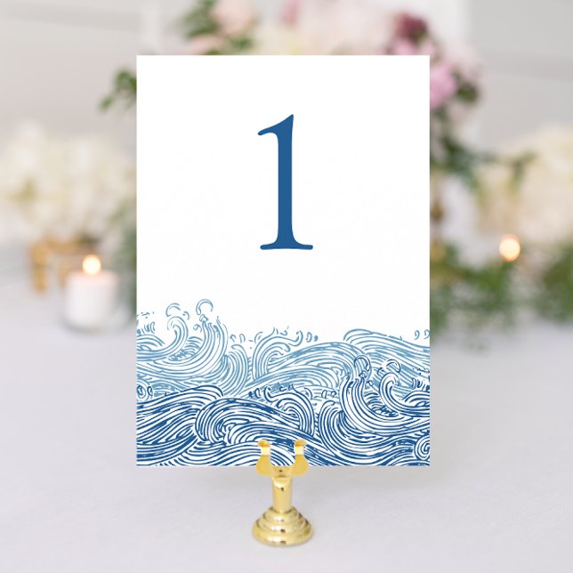 Blaue Meereswellen Hochzeiten Tischnummer (Blue Nautical Ocean Waves wedding table numbers from Concertina Press)