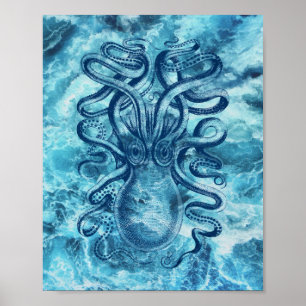 Blaue Meereswellen & Oktopus Grafik Vintag Zeichne Poster