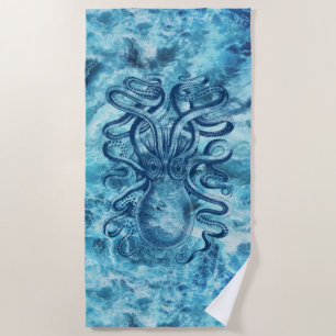 Blaue Meereswellen & Oktopus Grafik Vintag Zeichne Strandtuch