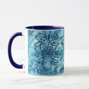 Blaue Meereswellen und Oktopus Grafik Vintage-Zeic Tasse