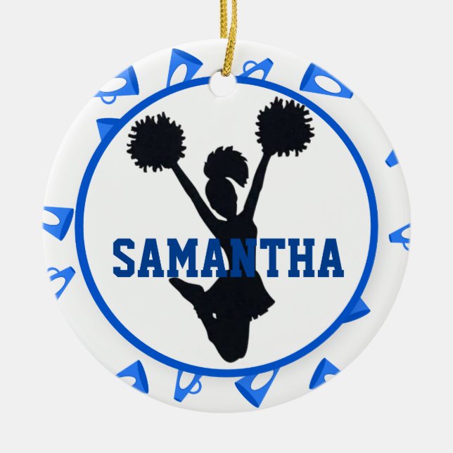 Blaue Megaphone und Cheerleader personalisiert Keramikornament (Vorne)
