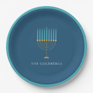 Blaue Menora-Hanukka-Feier Personalisiert Pappteller