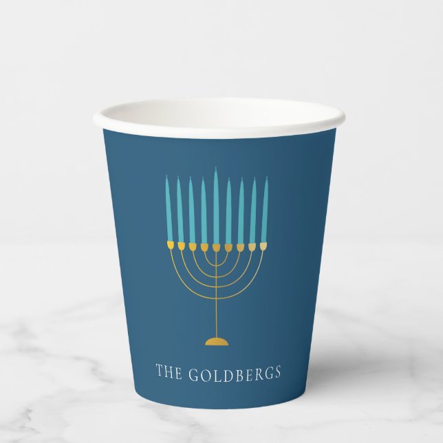 Blaue Menora-Hanukkah-Feier Personalisiert  Pappbecher (Vorderseite)
