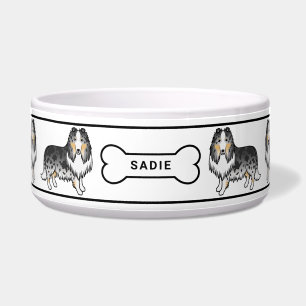 Blaue Merle Rough Collie Hunde mit Knochen und Nam Napf