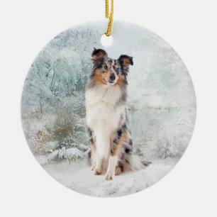 Blaue Merle Sheltie Weihnachtsverzierung Keramik Ornament