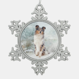 Blaue Merle Sheltie Weihnachtsverzierung Schneeflocken Zinn-Ornament