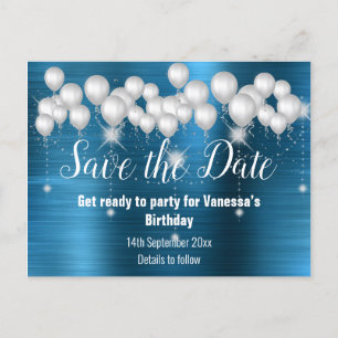 BLAUE METALLIC BALLOON SAVE THE DATE JEDEN ANLASS ANKÜNDIGUNGSPOSTKARTE
