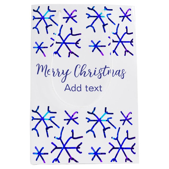 Blaue metallisch glänzende Schneeflocken Weihnacht Mittlere Geschenktüte (Vorderseite)