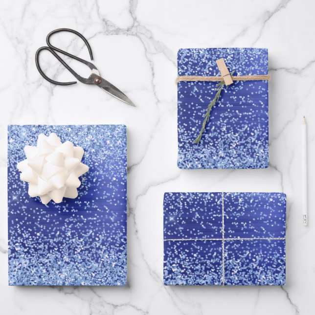 Blaue Metallische Glitzer-Sparkle-Muster Geschenkpapier Set (Vorderseite)