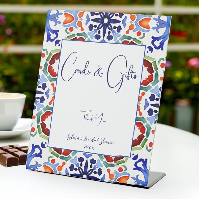 Blaue mexikanische Fliesen Brautparty Geschenke Sockelschild (Blue Mexican colorful azulejo talavera tiles bridal shower cards and gifts Pedestal table Sign)