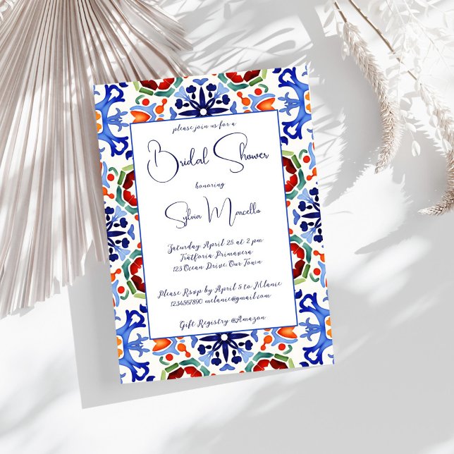 Blaue mexikanische Fliesen-Brautparty-Vorlage Einladung (Blue Mexican Spanish colorful Talavera azulejo tiles bridal shower invitation template download)