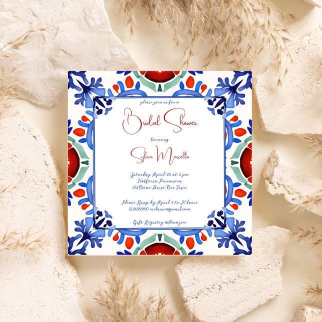 Blaue mexikanische Fliesen-Brautparty-Vorlage Einladung (Blue Mexican colorful talavera tiles Spanish bridal shower invitation template digital download)
