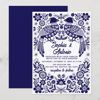 Blaue mexikanische Vögel Otomi Floral Fiesta Hochz Einladung