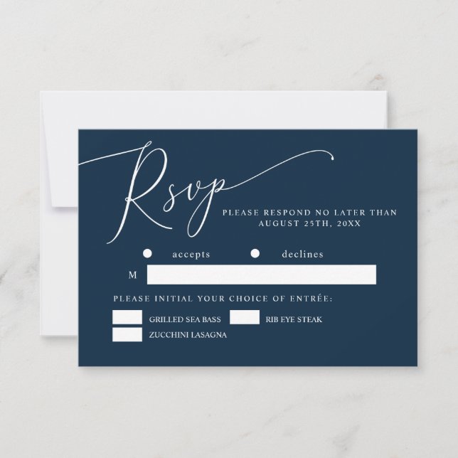 Blaue Minimal-Hochzeitsmahlzeit RSVP Karte (Vorderseite)