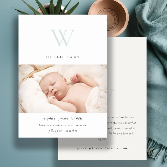 Blaue Minimal-Monogram-Foto-Geburtsankündigung Dankeskarte (Von Creator hochgeladen)