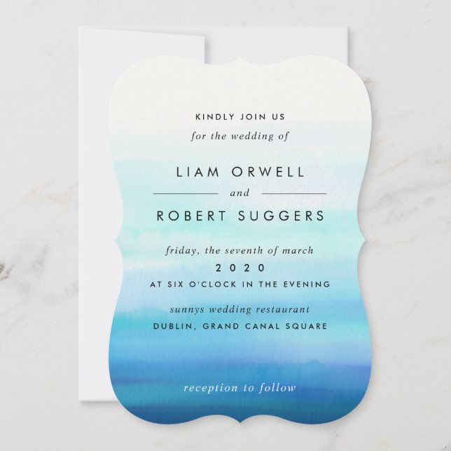 Blaue minimale Wasserfarbenwellen Einladung (Rückseite)