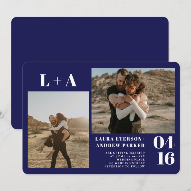 Blaue minimalistische Initialen 2 Fotos Hochzeit Einladung (Vorne/Hinten)