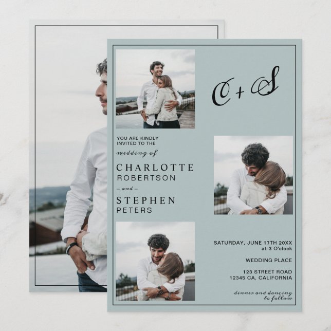 Blaue minimalistische lässige Initialen Foto Hochz Einladung (Vorne/Hinten)