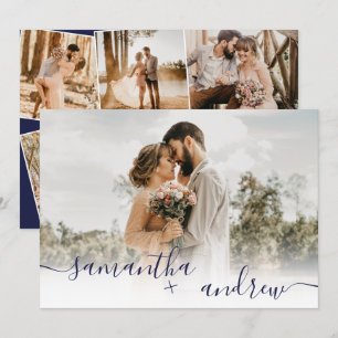 Blaue Minimalistische Schrift 5 Fotos Hochzeit Einladung